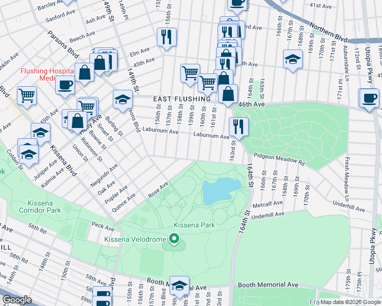 map of restaurants, bars, coffee shops, grocery stores, and more near 47-42 160th Street in Queens