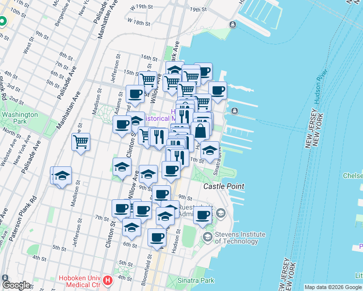 map of restaurants, bars, coffee shops, grocery stores, and more near 1117 Washington Street in Hoboken