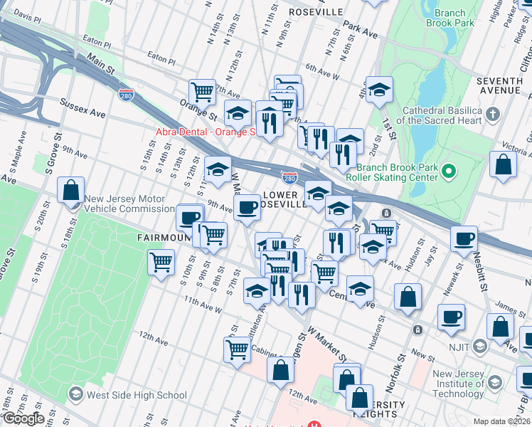map of restaurants, bars, coffee shops, grocery stores, and more near 63 North 6th Street in Newark
