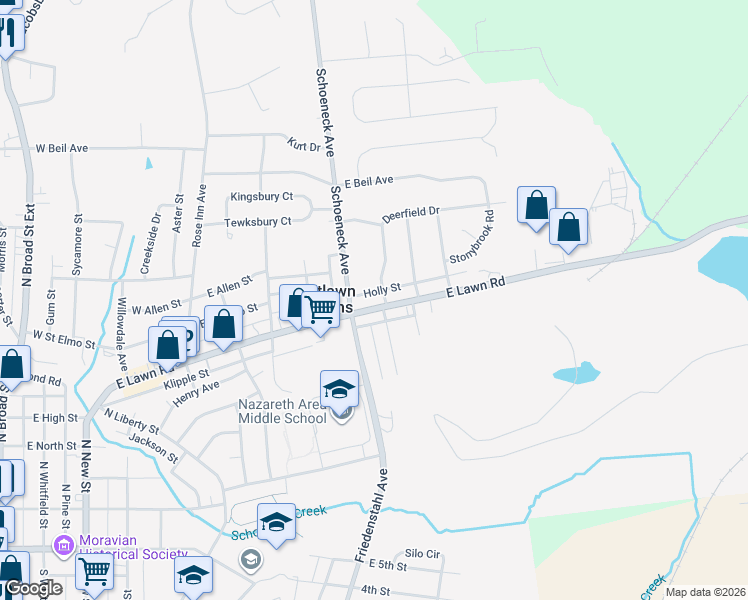 map of restaurants, bars, coffee shops, grocery stores, and more near 411 East Lawn Road in Nazareth