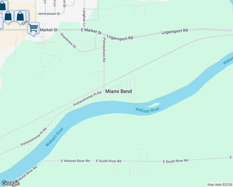 map of restaurants, bars, coffee shops, grocery stores, and more near 4901 Miami Bend Road in Logansport
