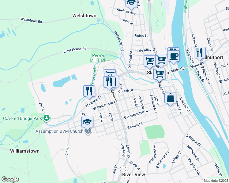 map of restaurants, bars, coffee shops, grocery stores, and more near 230 East Church Street in Slatington