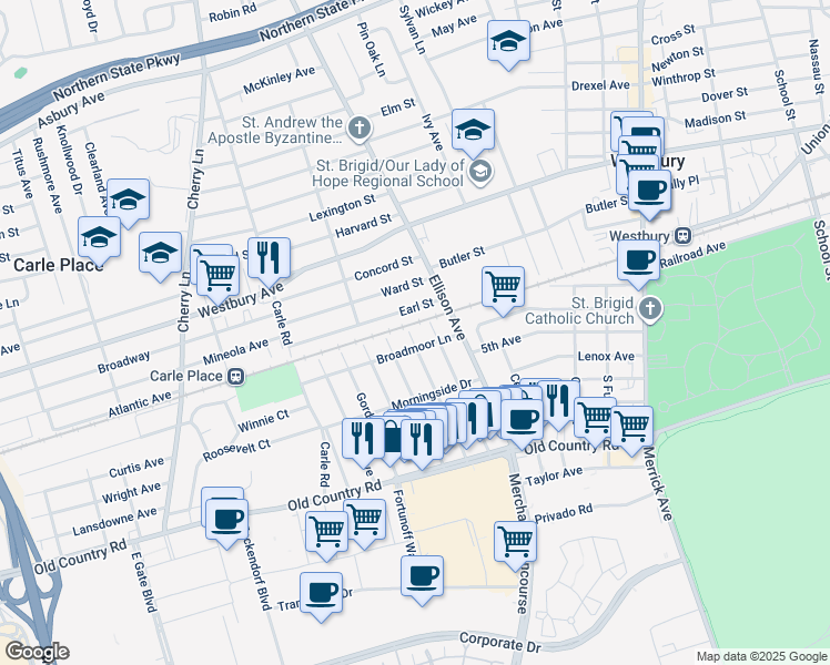 map of restaurants, bars, coffee shops, grocery stores, and more near 216 Albany Avenue in Westbury