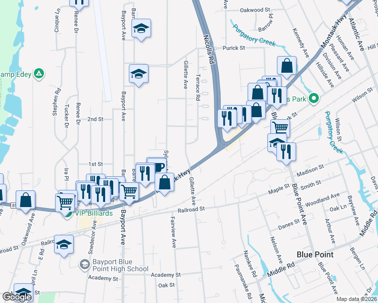 map of restaurants, bars, coffee shops, grocery stores, and more near 101 Imperial Way in Bayport