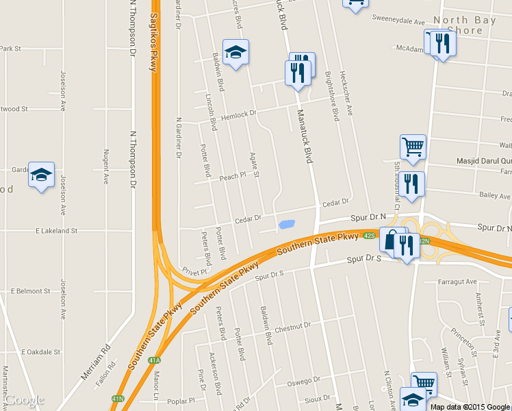 map of restaurants, bars, coffee shops, grocery stores, and more near 1522 Agate Street in Bay Shore