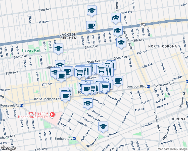 map of restaurants, bars, coffee shops, grocery stores, and more near 89-16 37th Avenue in Queens