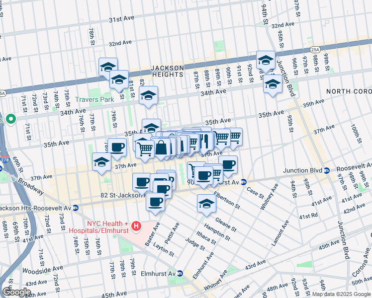 map of restaurants, bars, coffee shops, grocery stores, and more near 85-15 37th Avenue in Queens