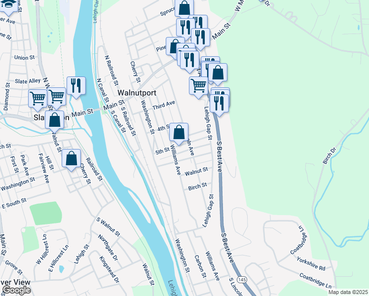 map of restaurants, bars, coffee shops, grocery stores, and more near 220 5th Street in Walnutport