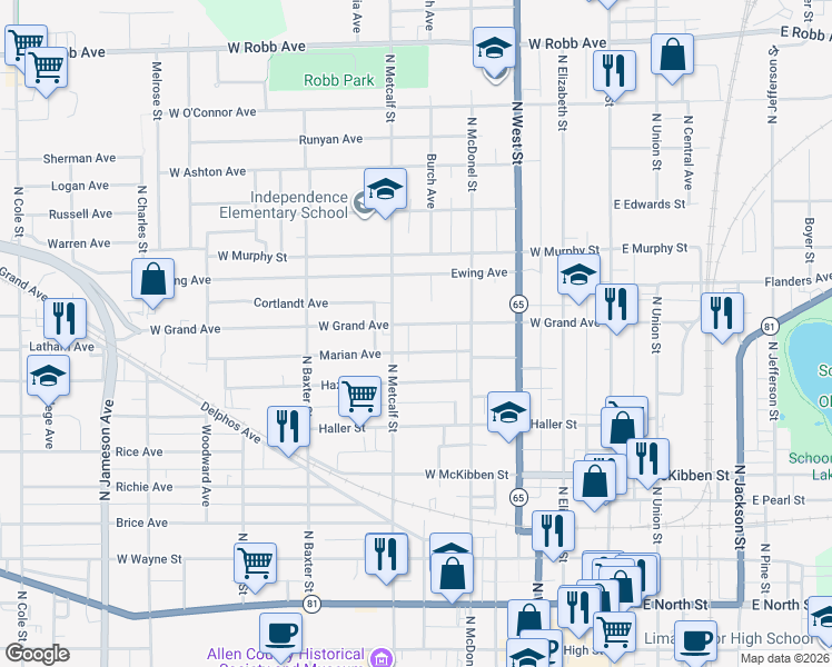 map of restaurants, bars, coffee shops, grocery stores, and more near 455 West Grand Avenue in Lima