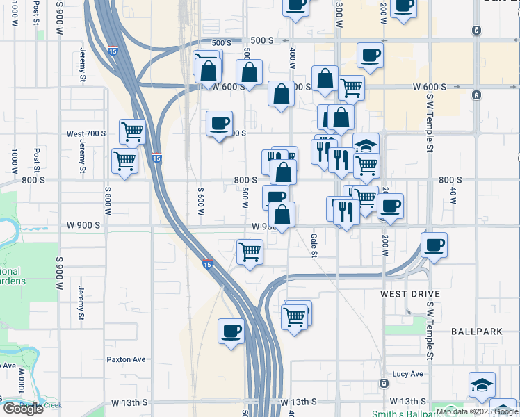 map of restaurants, bars, coffee shops, grocery stores, and more near 855 500 West in Salt Lake City