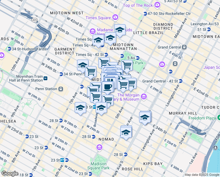 map of restaurants, bars, coffee shops, grocery stores, and more near 70 West 36th Street in New York