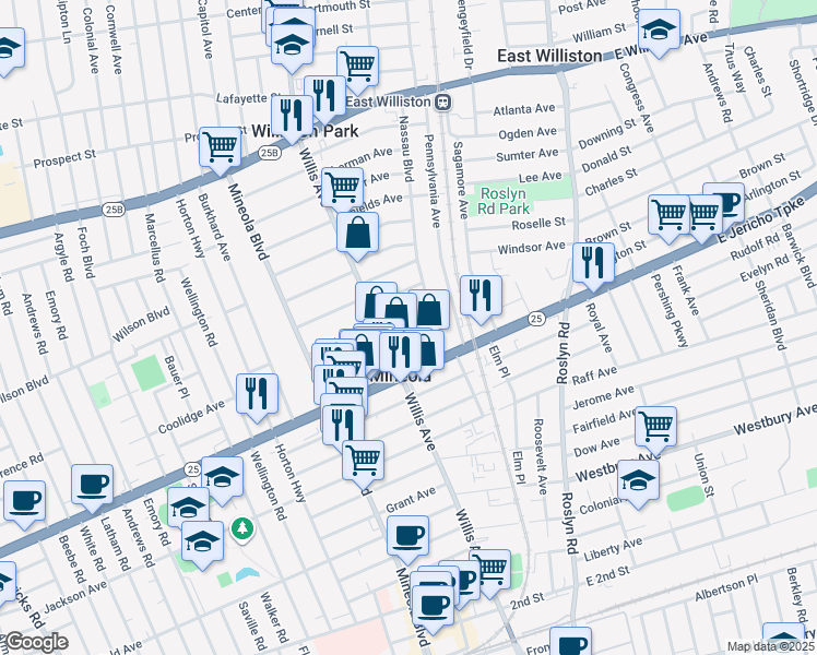 map of restaurants, bars, coffee shops, grocery stores, and more near 310 Schuster Avenue in Mineola