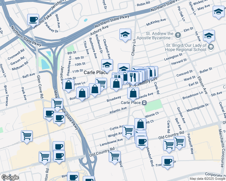 map of restaurants, bars, coffee shops, grocery stores, and more near 449 Westbury Avenue in Carle Place
