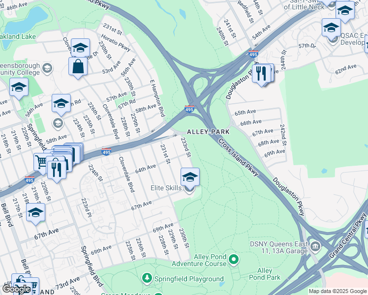 map of restaurants, bars, coffee shops, grocery stores, and more near 61-38 233rd Street in Queens
