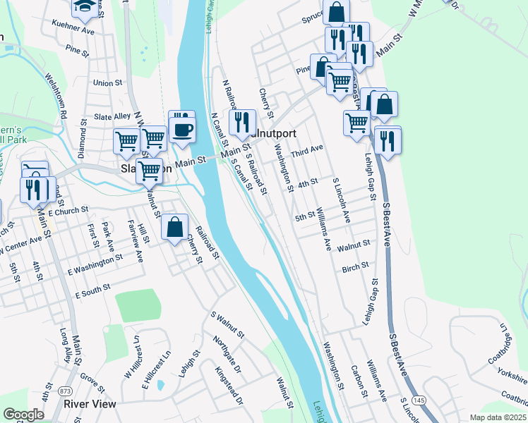 map of restaurants, bars, coffee shops, grocery stores, and more near 421 South Canal Street in Walnutport