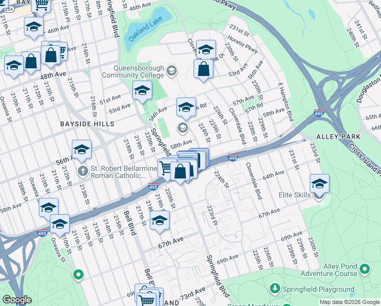 map of restaurants, bars, coffee shops, grocery stores, and more near 221-27 59th Avenue in Queens