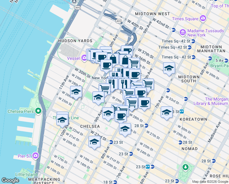 map of restaurants, bars, coffee shops, grocery stores, and more near 370 West 30th Street in New York