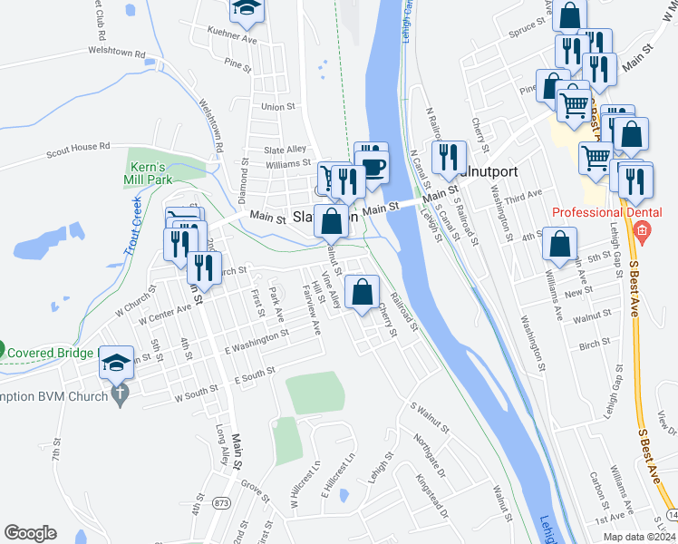 map of restaurants, bars, coffee shops, grocery stores, and more near 111 South Walnut Street in Slatington
