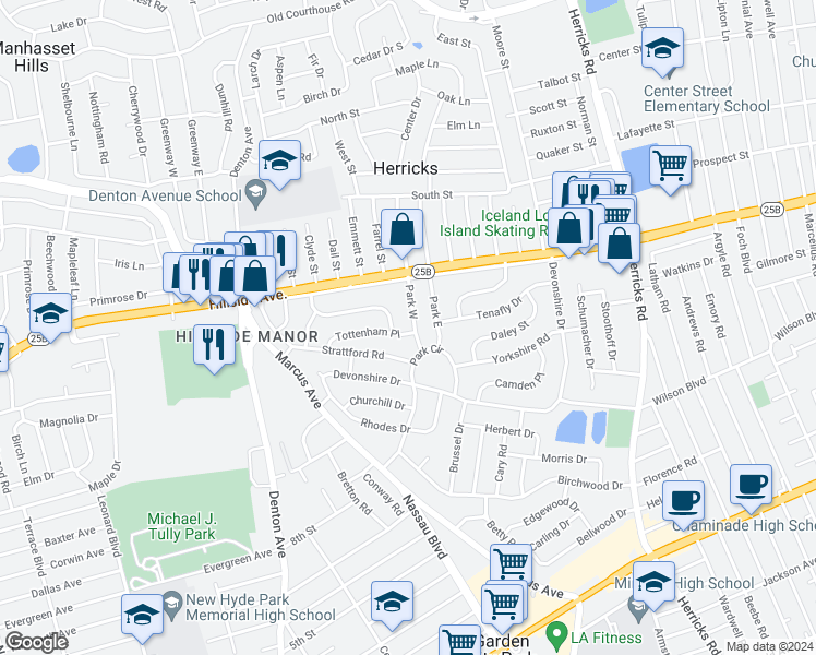 map of restaurants, bars, coffee shops, grocery stores, and more near 29 Park West in New Hyde Park