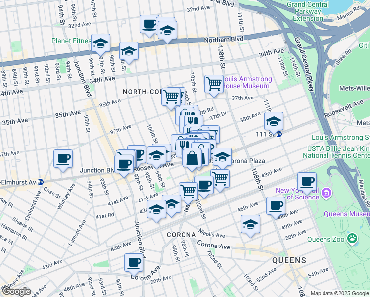 map of restaurants, bars, coffee shops, grocery stores, and more near 101-13 39th Avenue in Queens