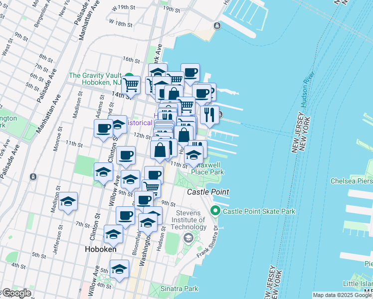 map of restaurants, bars, coffee shops, grocery stores, and more near 1150 Maxwell Lane in Hoboken