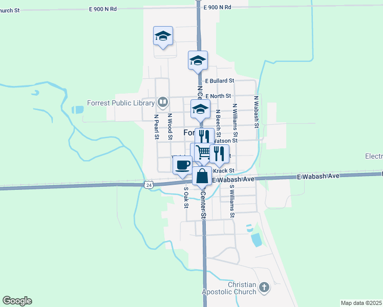 map of restaurants, bars, coffee shops, grocery stores, and more near 121 West John Street in Forrest