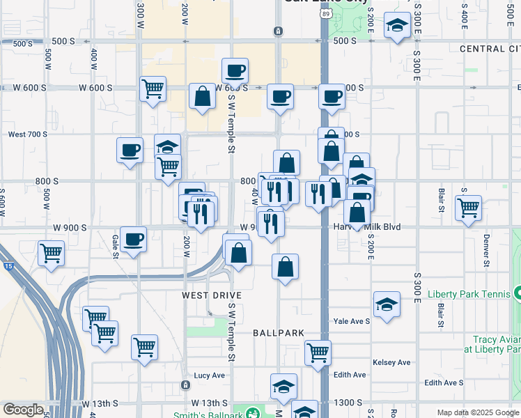 map of restaurants, bars, coffee shops, grocery stores, and more near 851 Richards Street in Salt Lake City