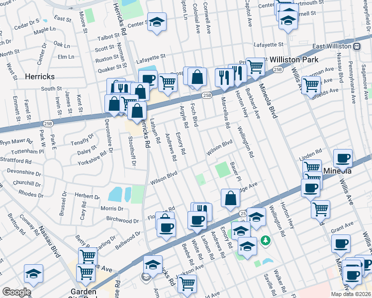 map of restaurants, bars, coffee shops, grocery stores, and more near 435 Emory Road in Mineola