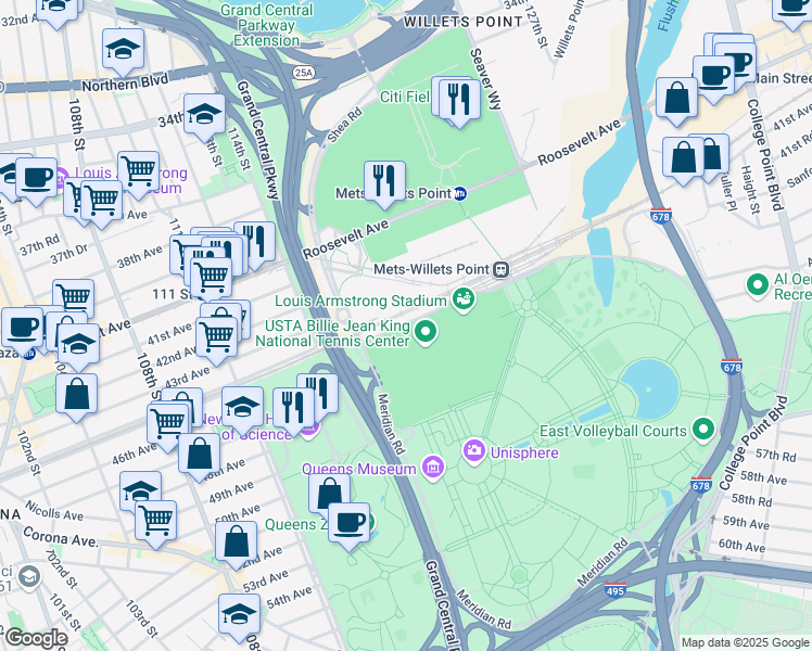 map of restaurants, bars, coffee shops, grocery stores, and more near in Queens