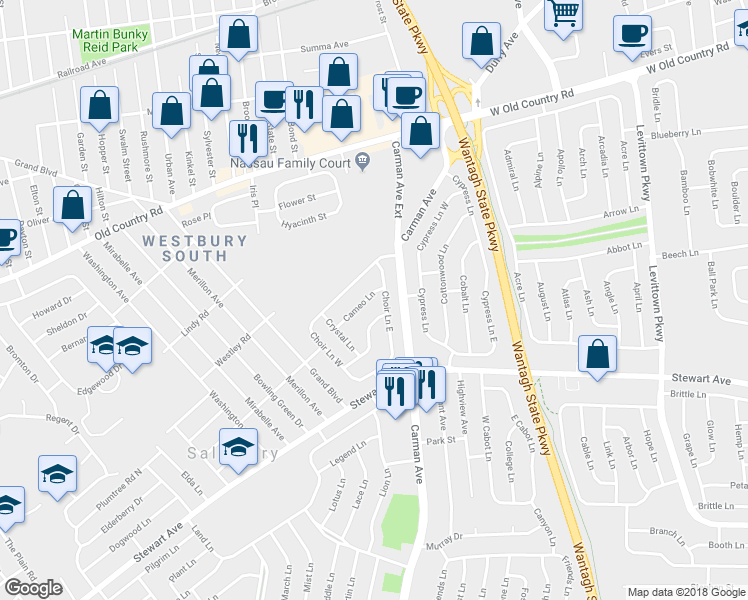 map of restaurants, bars, coffee shops, grocery stores, and more near 26 Cameo Lane in Westbury