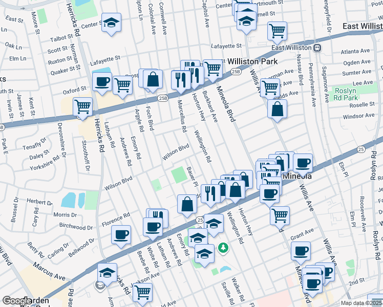 map of restaurants, bars, coffee shops, grocery stores, and more near 421 Marcellus Road in Mineola