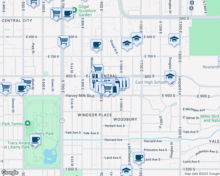 map of restaurants, bars, coffee shops, grocery stores, and more near 844 Lincoln Street in Salt Lake City
