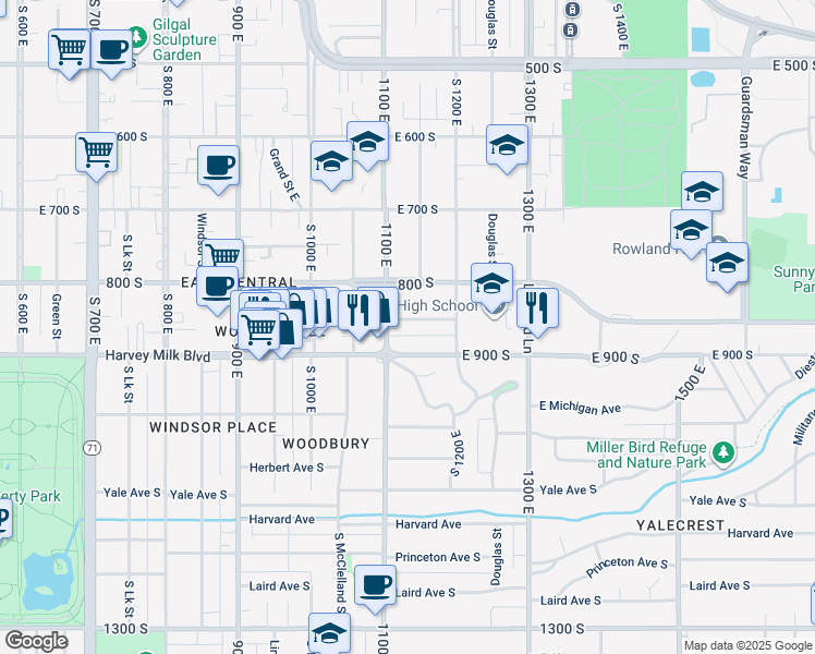 map of restaurants, bars, coffee shops, grocery stores, and more near 1120 East Sunnyside Avenue in Salt Lake City