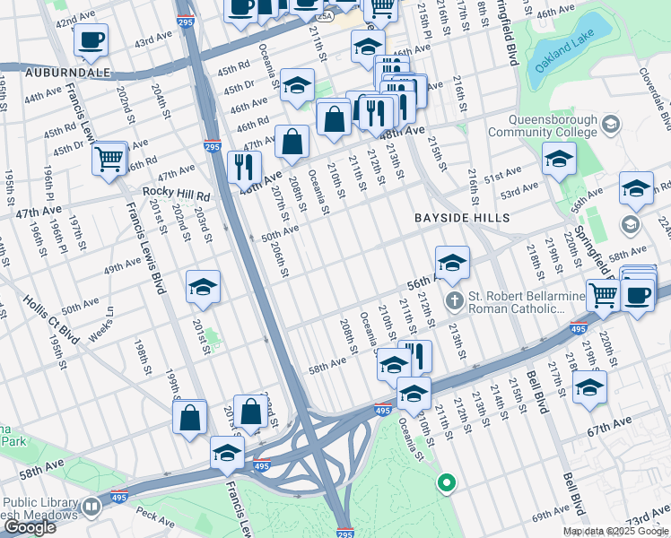 map of restaurants, bars, coffee shops, grocery stores, and more near 53-12 Oceania Street in Queens