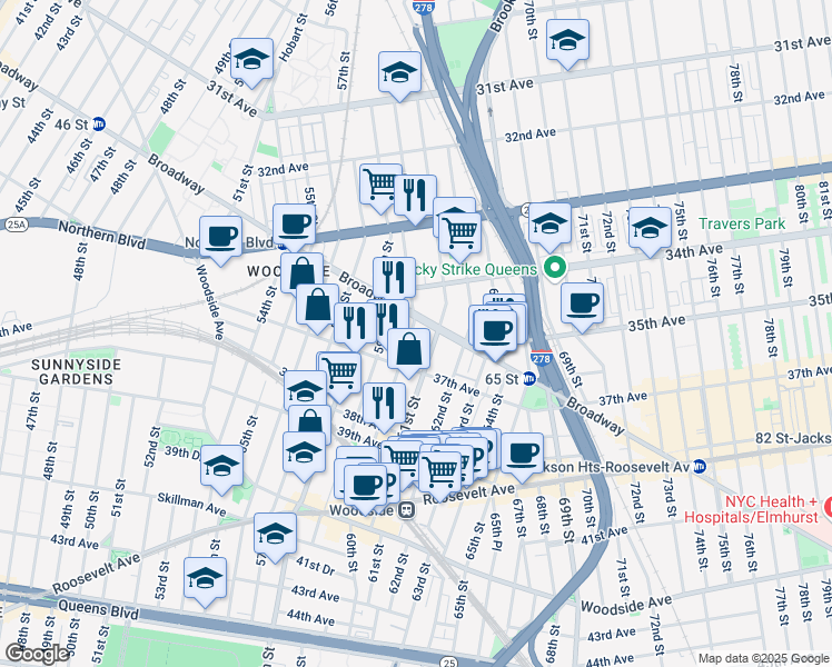 map of restaurants, bars, coffee shops, grocery stores, and more near 34-53 60th Street in Queens