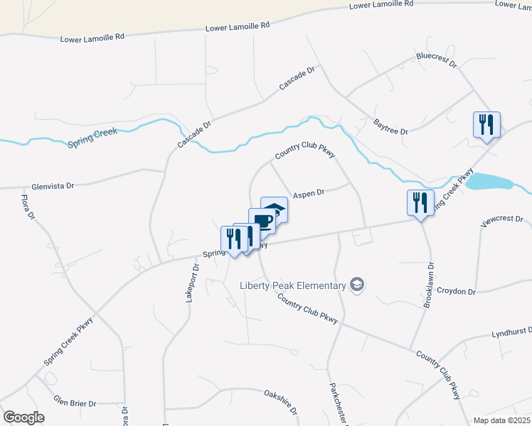 map of restaurants, bars, coffee shops, grocery stores, and more near 220 Country Club Parkway in Spring Creek