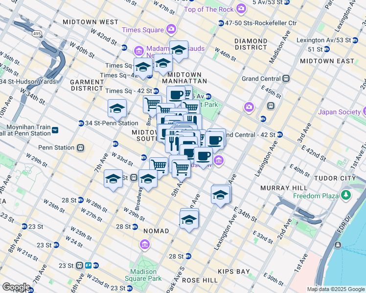 map of restaurants, bars, coffee shops, grocery stores, and more near 15 West 36th Street in New York