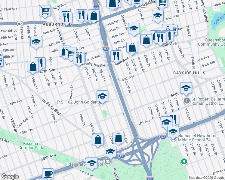 map of restaurants, bars, coffee shops, grocery stores, and more near 50-17 203rd Street in Queens