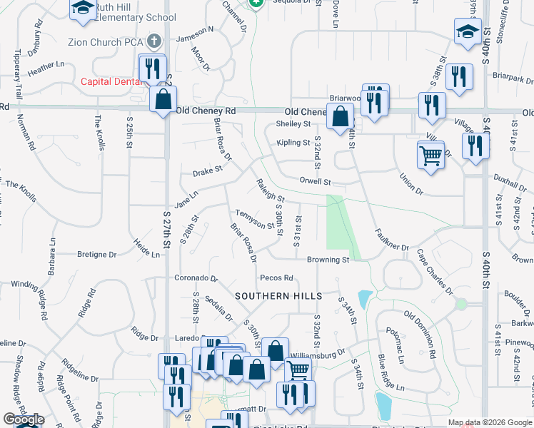 map of restaurants, bars, coffee shops, grocery stores, and more near 6120 Tennyson Circle in Lincoln