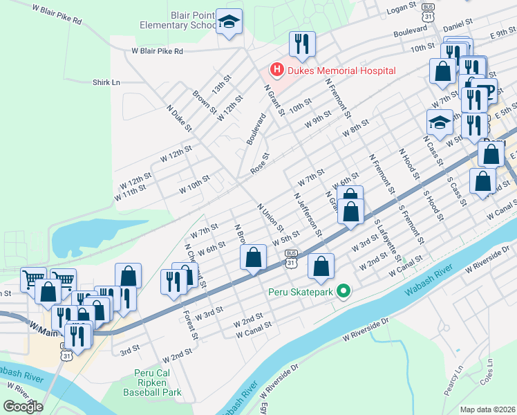 map of restaurants, bars, coffee shops, grocery stores, and more near 400 West 7th Street in Peru