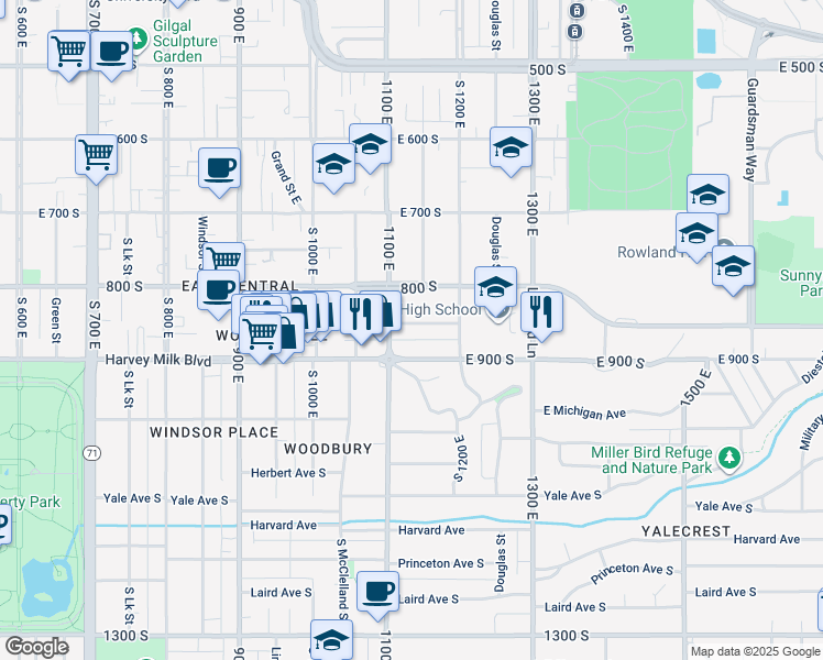 map of restaurants, bars, coffee shops, grocery stores, and more near 1120 East Sunnyside Avenue in Salt Lake City