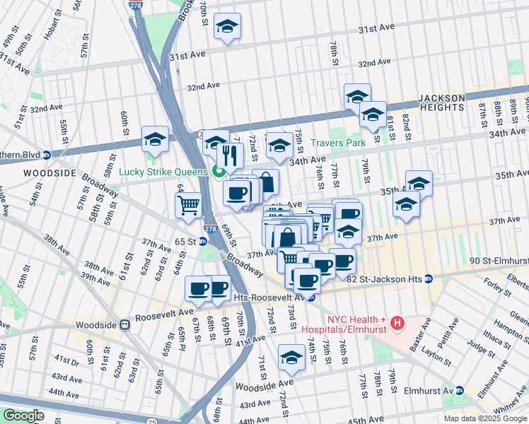 map of restaurants, bars, coffee shops, grocery stores, and more near 7112 35th Avenue in Queens