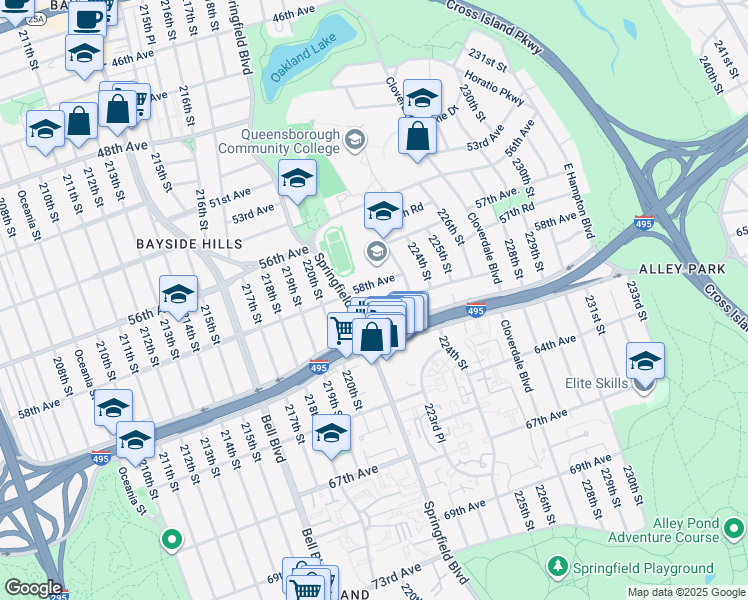 map of restaurants, bars, coffee shops, grocery stores, and more near 221-27 59th Avenue in Queens
