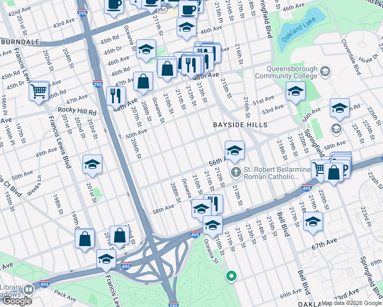 map of restaurants, bars, coffee shops, grocery stores, and more near 53-31 210th Street in Queens