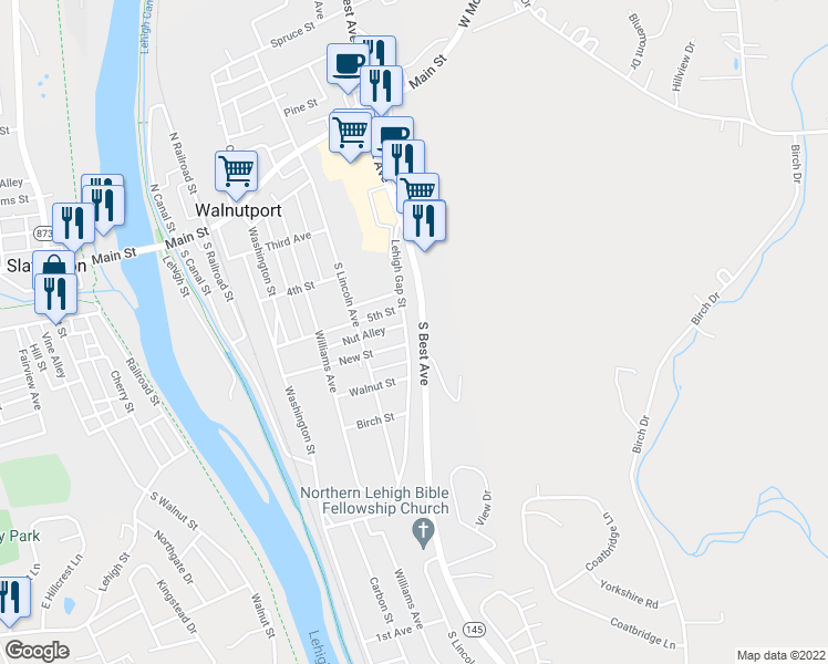 map of restaurants, bars, coffee shops, grocery stores, and more near 526 Lehigh Gap Street in Walnutport