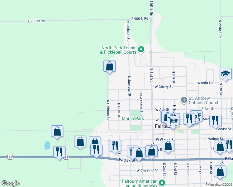 map of restaurants, bars, coffee shops, grocery stores, and more near 406 North Clay Street in Fairbury