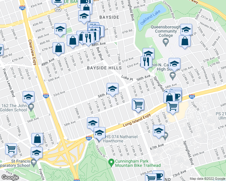 map of restaurants, bars, coffee shops, grocery stores, and more near 56th Avenue in Queens