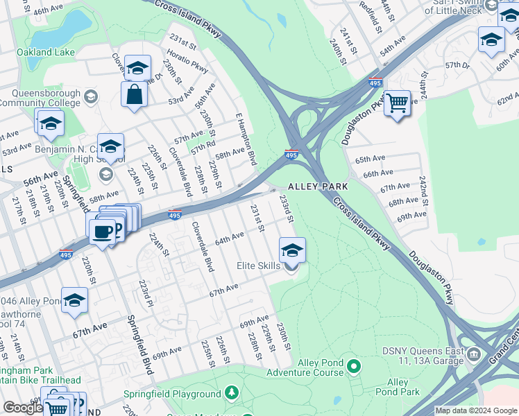 map of restaurants, bars, coffee shops, grocery stores, and more near 61-27 231st Street in Queens