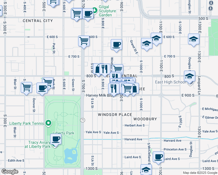 map of restaurants, bars, coffee shops, grocery stores, and more near 847 South 800 East in Salt Lake City