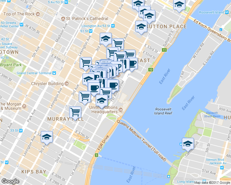 map of restaurants, bars, coffee shops, grocery stores, and more near 799 1st Avenue Tunnel in New York